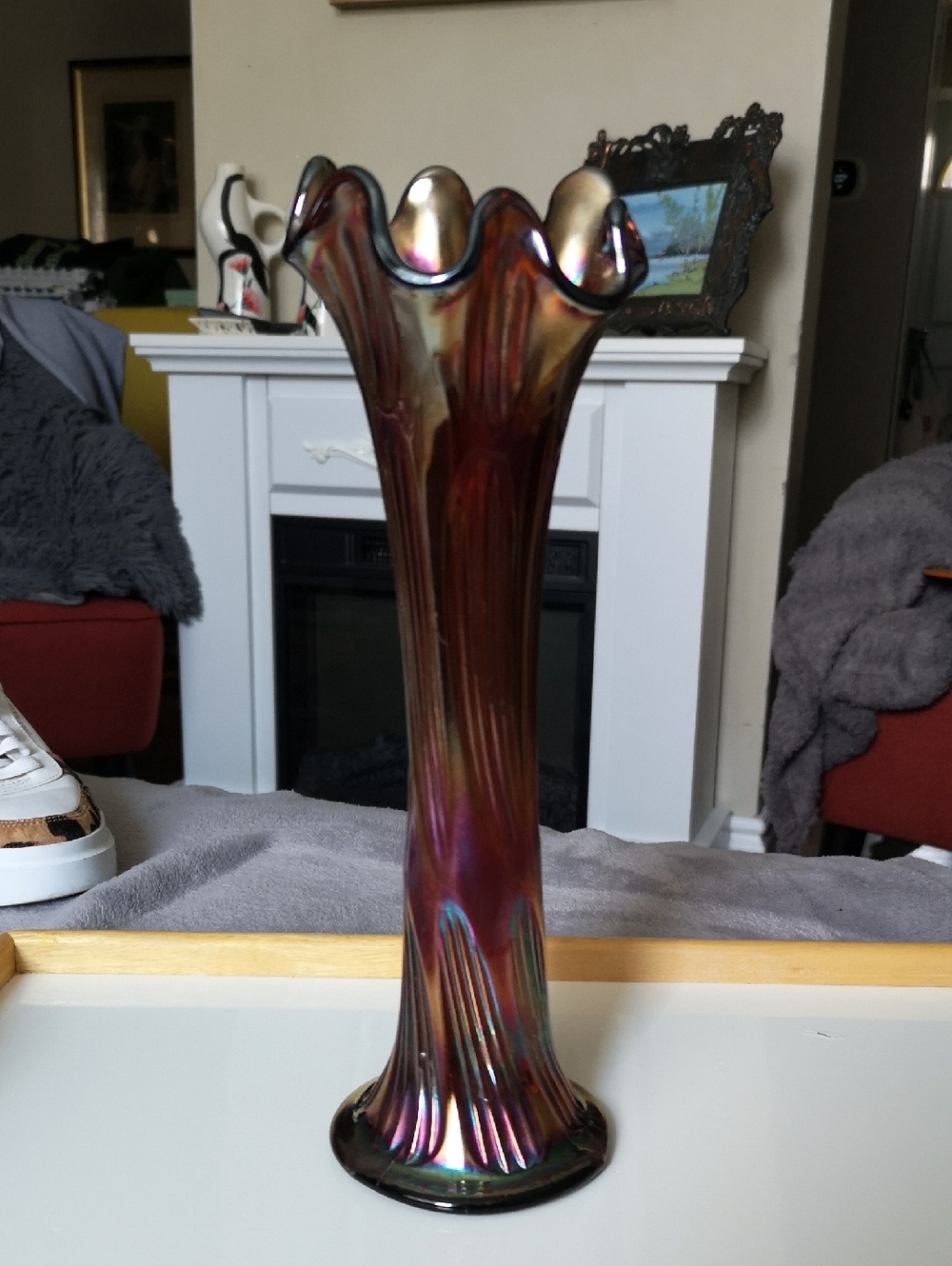 Gorgeous Vintage Carnival Glass Swung Base Amethyst Base Lovely Iridescence 11"